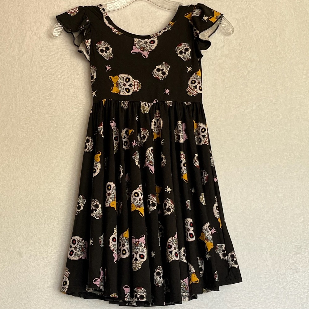 Girls 5/6 Dress Black Sugar Skull Bow Ruffle Sleeve‎ Casual Party Halloween